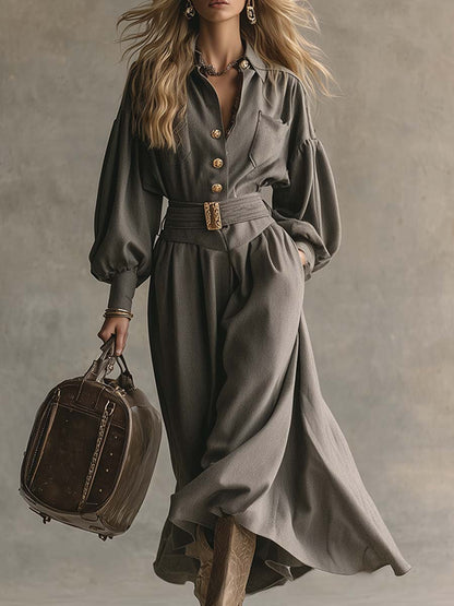 Maxi Robe en Laine Grise : Élégance et Sophistication avec Col Revers