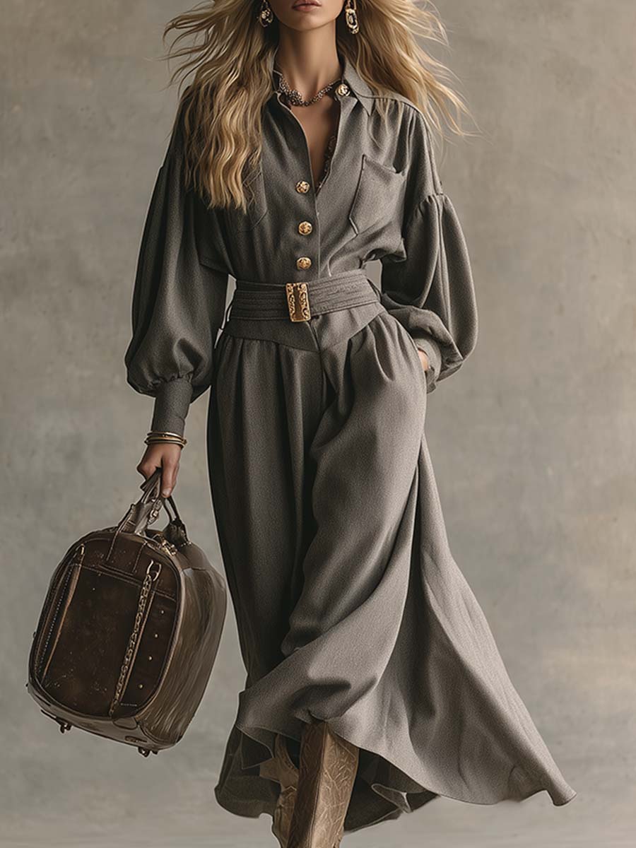 Robe Maxi Élégante en Laine Grise avec Col Boutonné
