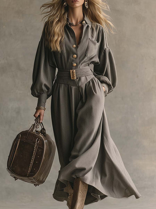 Robe Maxi Élégante en Laine Grise avec Col Boutonné