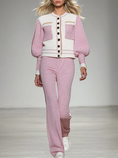 Ensemble Élégant Tricoté : Veste et Pantalon en Blanc et Rose Tendance
