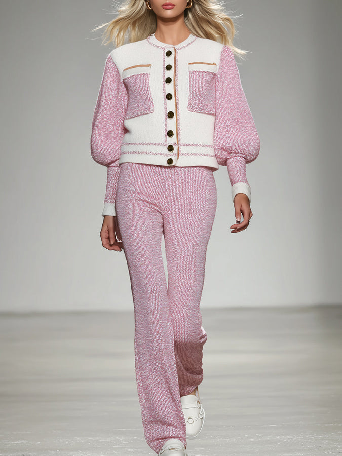 Ensemble Élégant Tricoté : Veste et Pantalon en Blanc et Rose Tendance