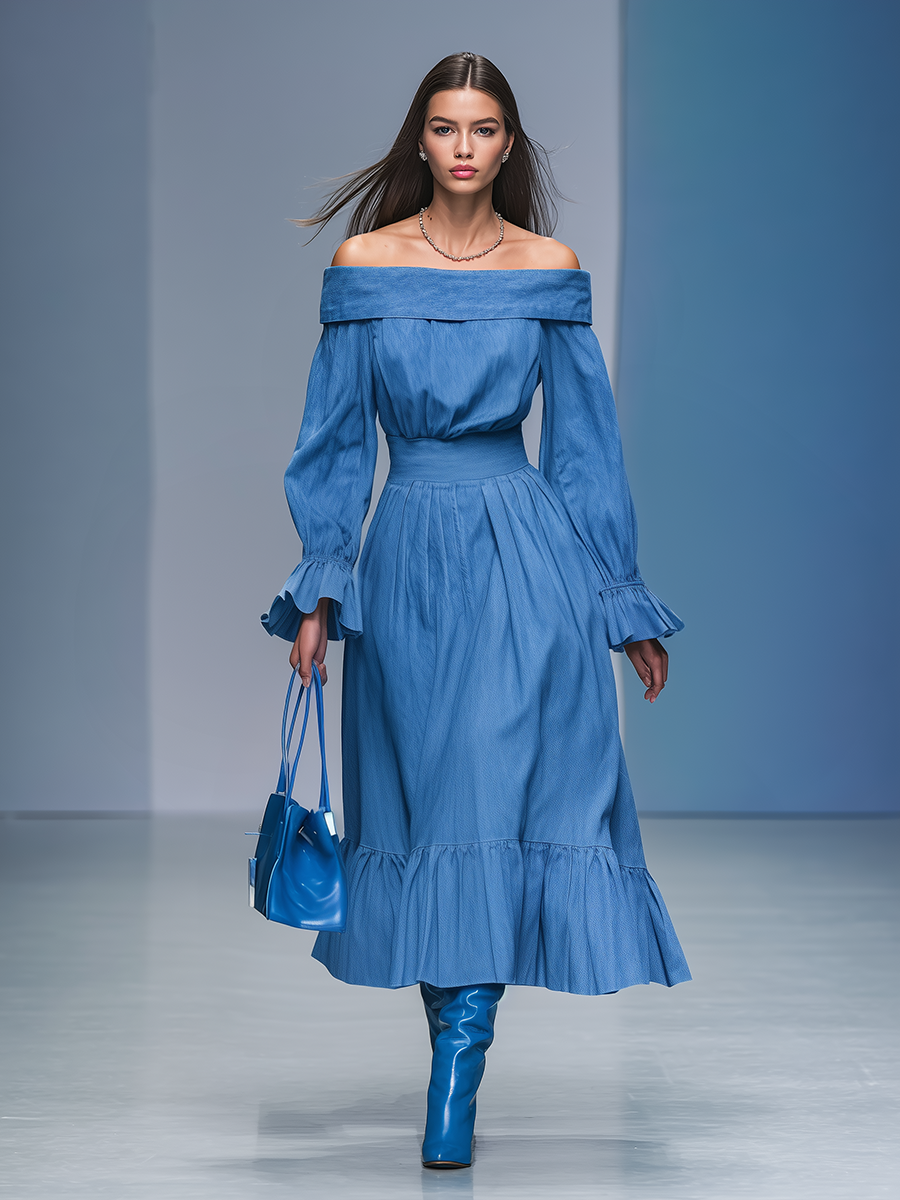 Robe Maxi en Jean à Manches Longues et Épaules Dégagées - Élégance Rétro