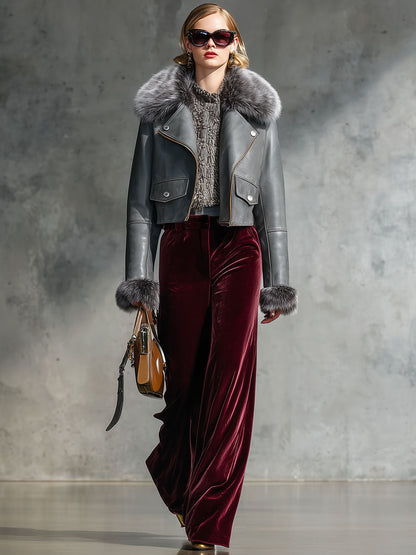 Veste grise en cuir synthétique avec col en fourrure zippé - Style vintage décontracté