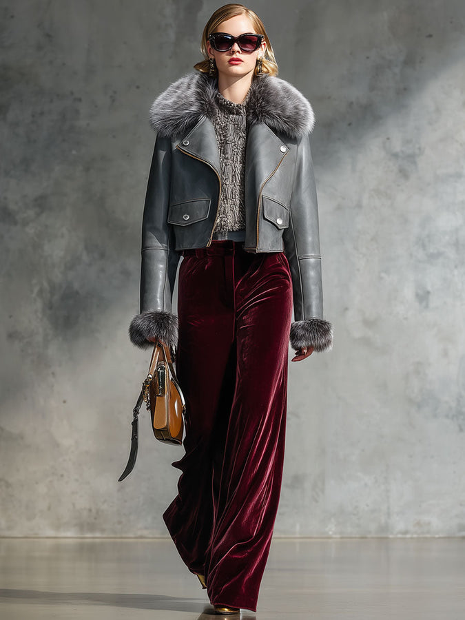 Veste grise en cuir synthétique avec col en fourrure zippé - Style vintage décontracté