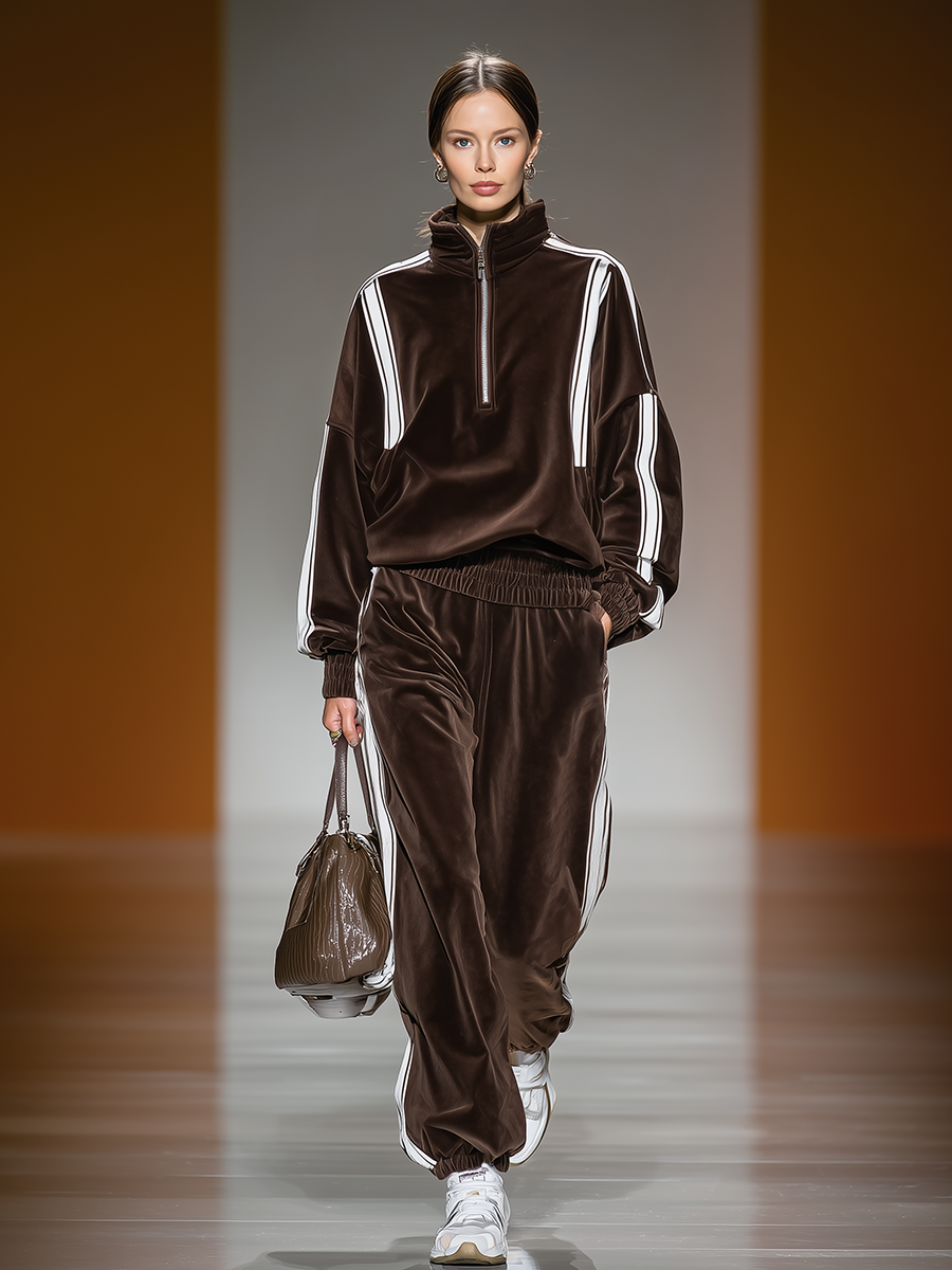 Ensemble Sportif Rétro : Sweat à Col Montant Zippé et Pantalon avec Rayures Contrastées