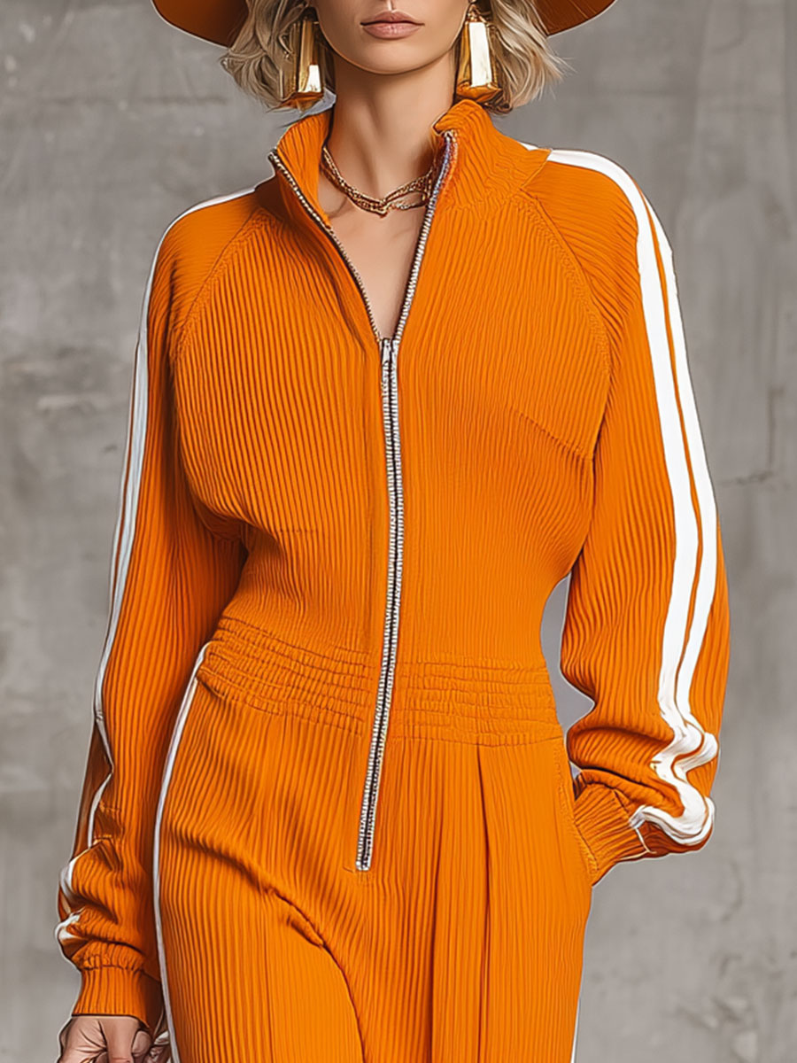 Combinaison Retro Orange à Zip et Décolleté en V