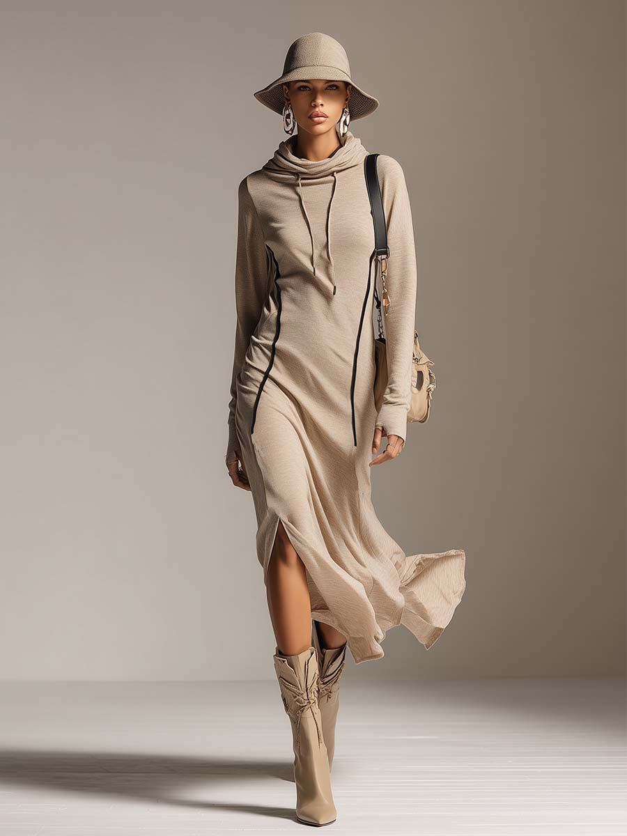 Robe Midi Décontractée en Coton Stretch Abricot avec Capuche