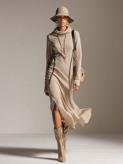 Robe Midi Décontractée en Coton Stretch Abricot avec Capuche