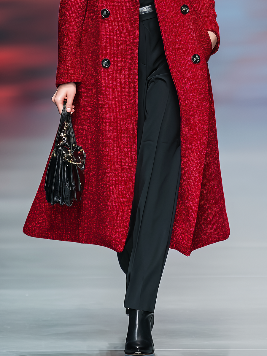 Élégant Manteau Long en Tweed Vintage à Double Bouton