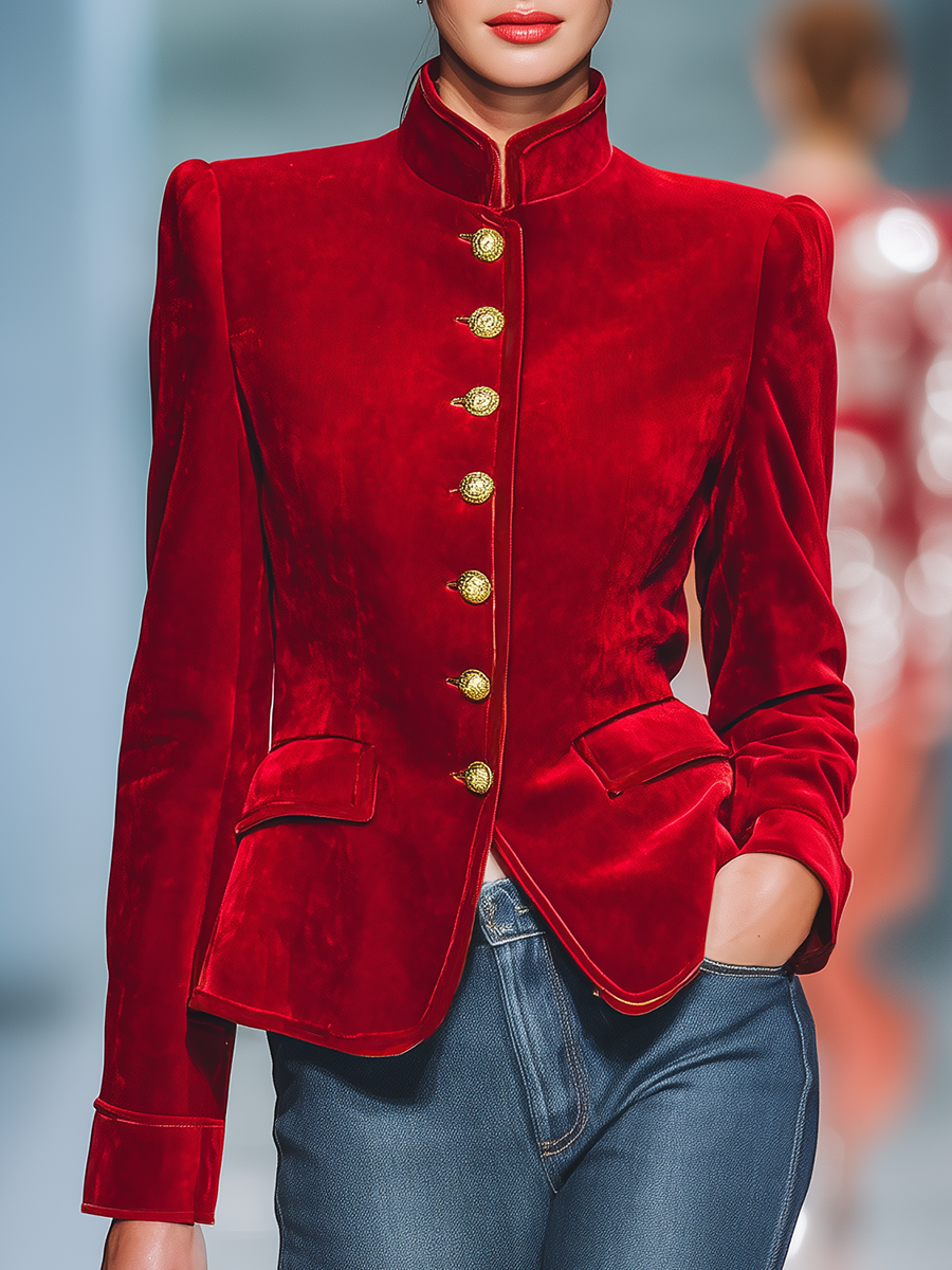 Veste Vintage en Velours Élégante avec Col Montant et Détails Métalliques