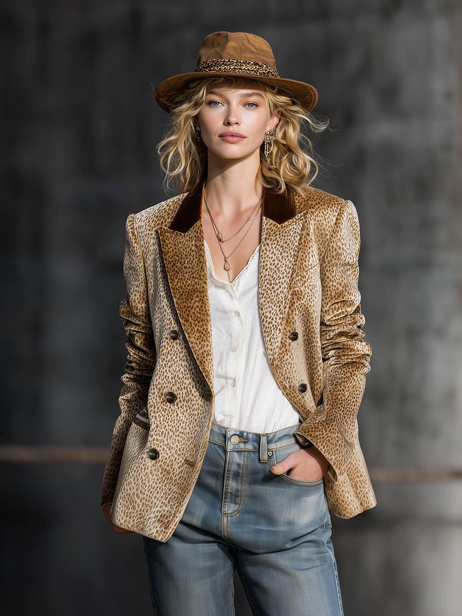 Veste en velours rétro à col color-block et motif léopard tendance