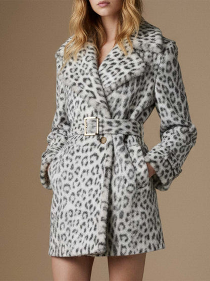 Veste en Peluche Imprimé Léopard Gris Clair au Style Rétro