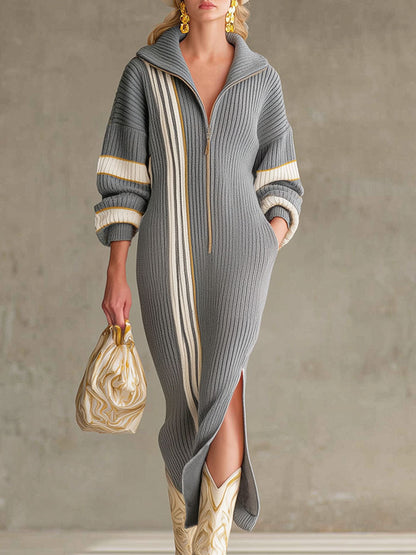 Robe Midi Tricotée avec Col Revers, Zip Élégant, Rayures Contrastées et Fente Chic