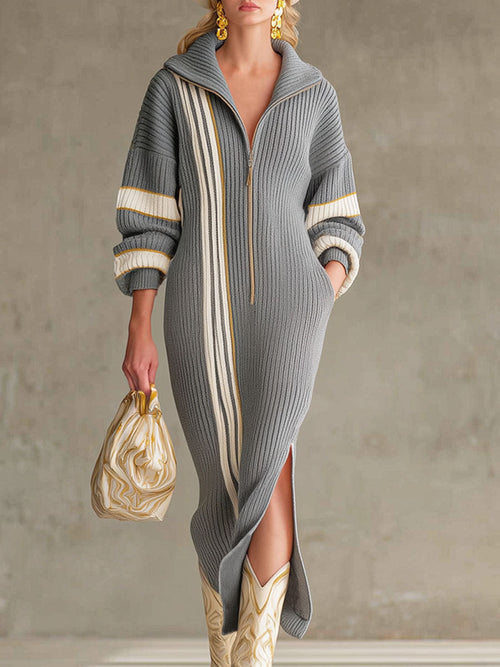 Robe Midi Tricotée avec Col Revers, Zip Élégant, Rayures Contrastées et Fente Chic