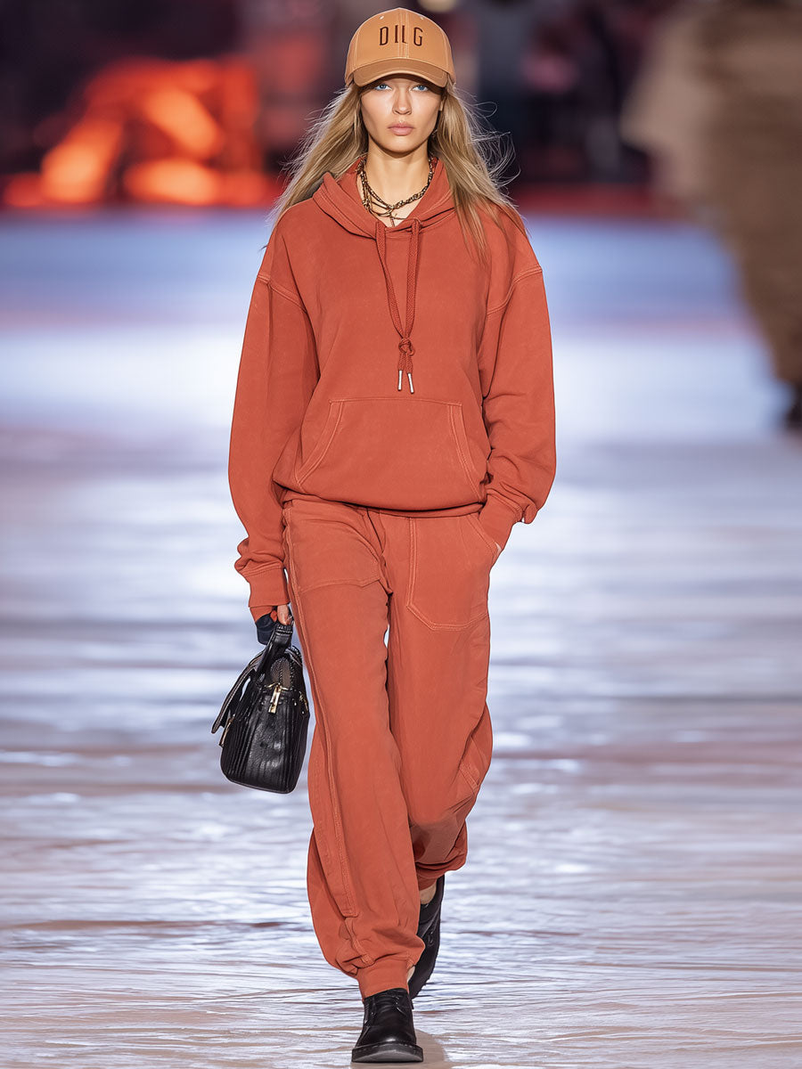 Ensemble de Sport Décontracté Orange Rétro avec Sweat à Capuche à Manches Longues