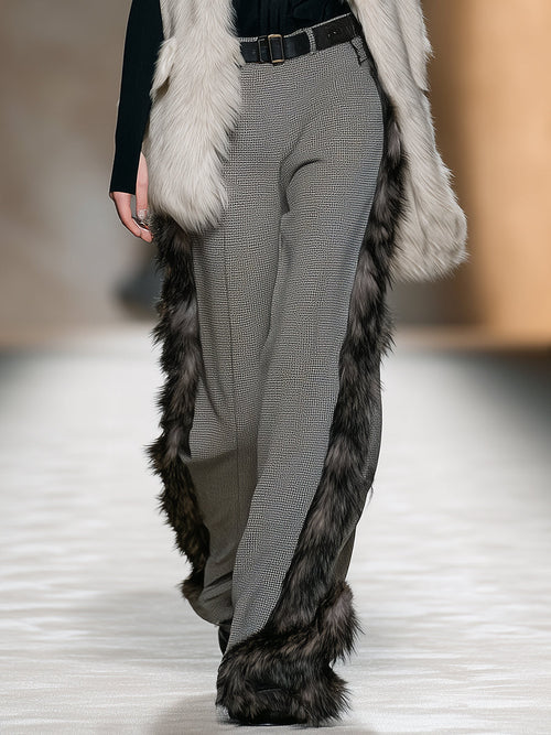 Chic Pantalon à Carreaux Gris avec Élégante Bordure en Fausse Fourrure