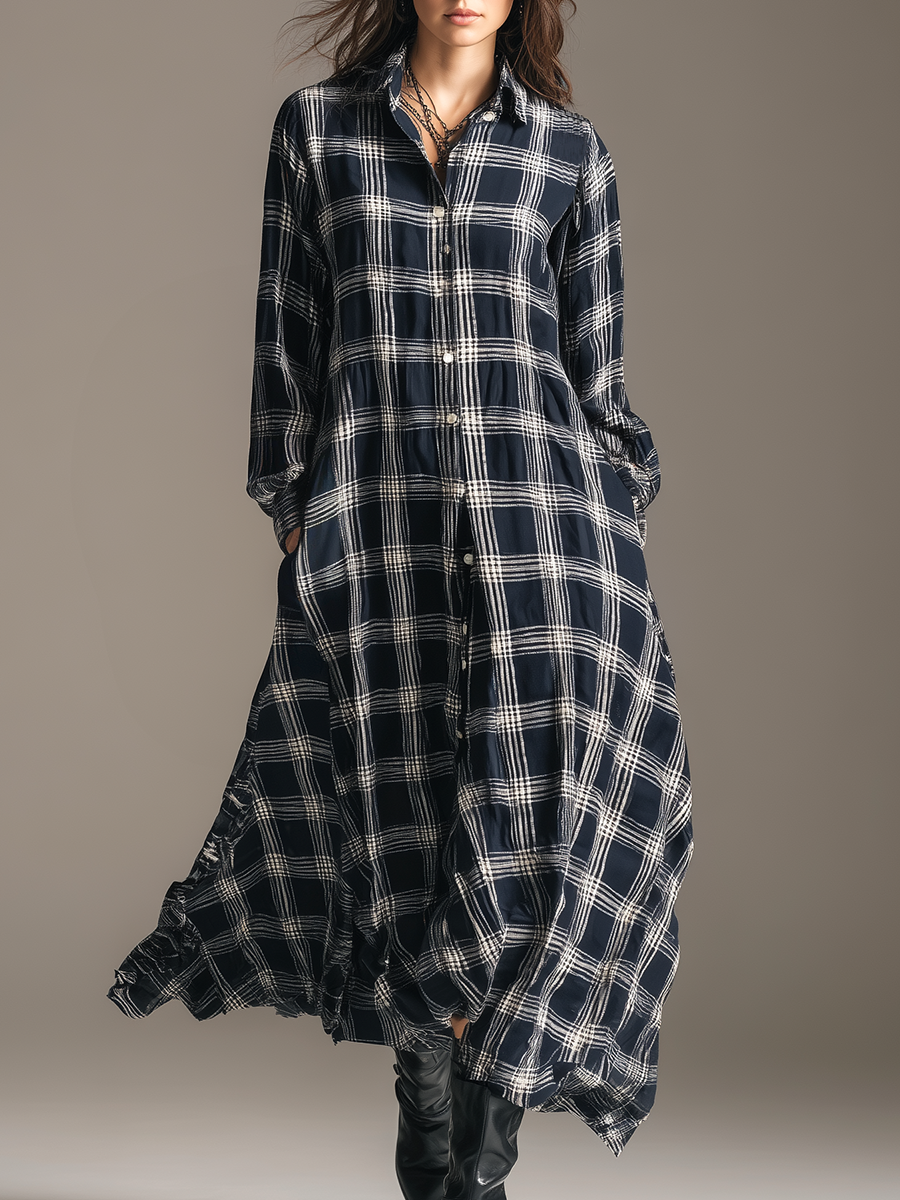 Robe Maxi Rétro à Carreaux : Élégance avec Col, Manches Longues et Coupe Ample