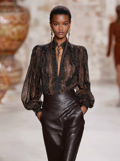 Chemise V en Chocolat Mocha - Imprimé Longue Manche Premium