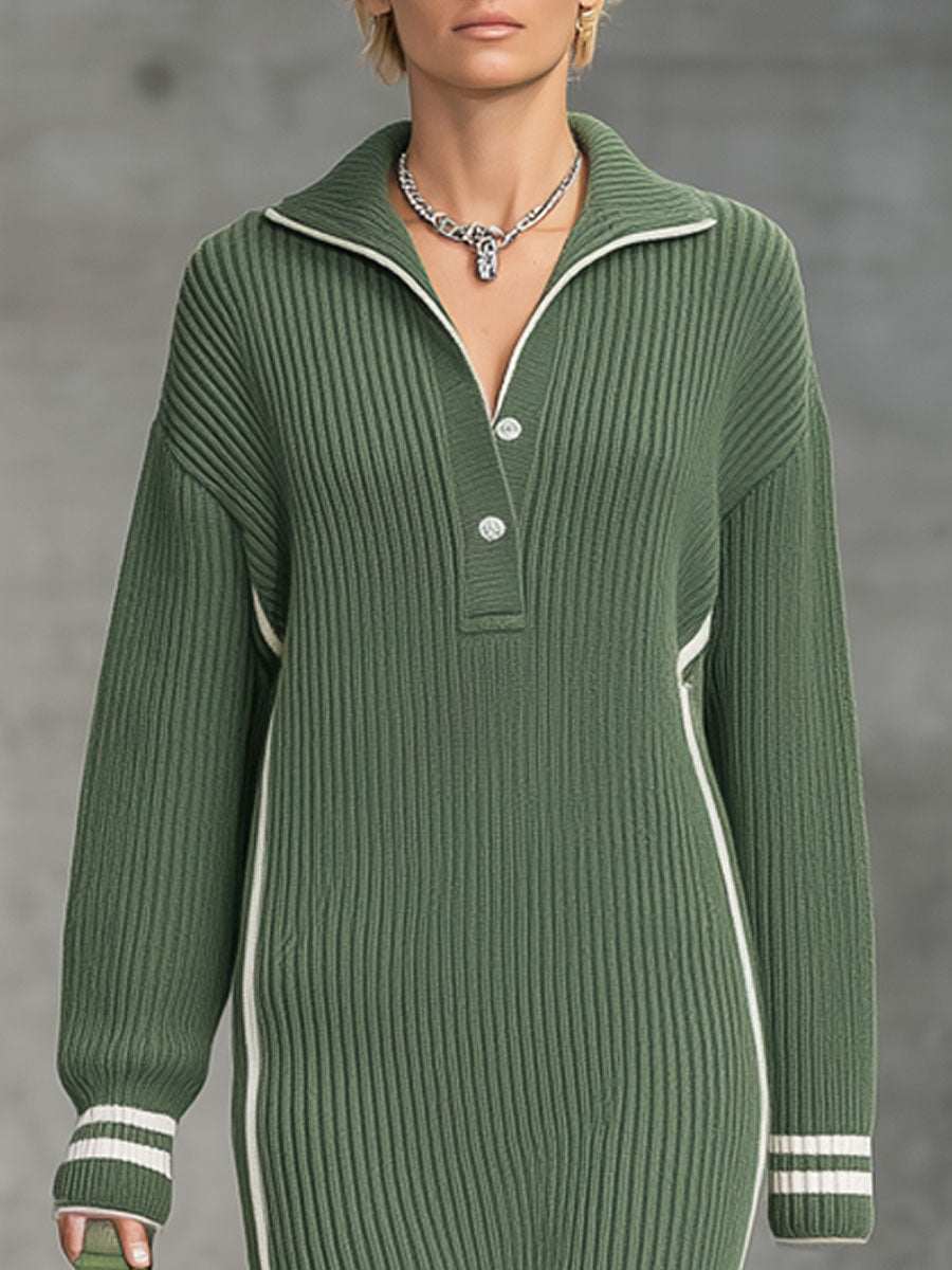 Robe Midi Tricotée Verte à Fente avec Éléments Blancs - Élégance Décontractée et Tendance