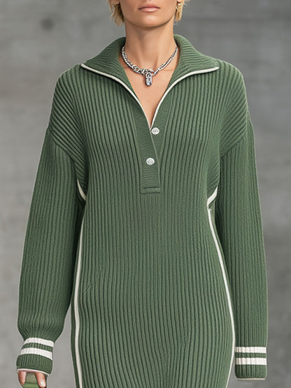 Robe Midi Tricotée Verte à Fente avec Éléments Blancs - Élégance Décontractée et Tendance