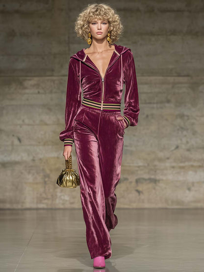 Ensemble Vintage en Velours Rouge Bourgogne : Haut à Capuche avec Zip et Col en V