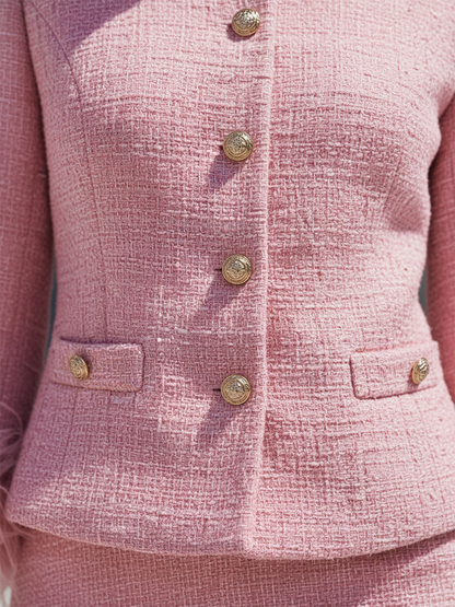 Chic Ensemble en Tweed : Veste à Col Rond et Jupe à Boutonnage Unique