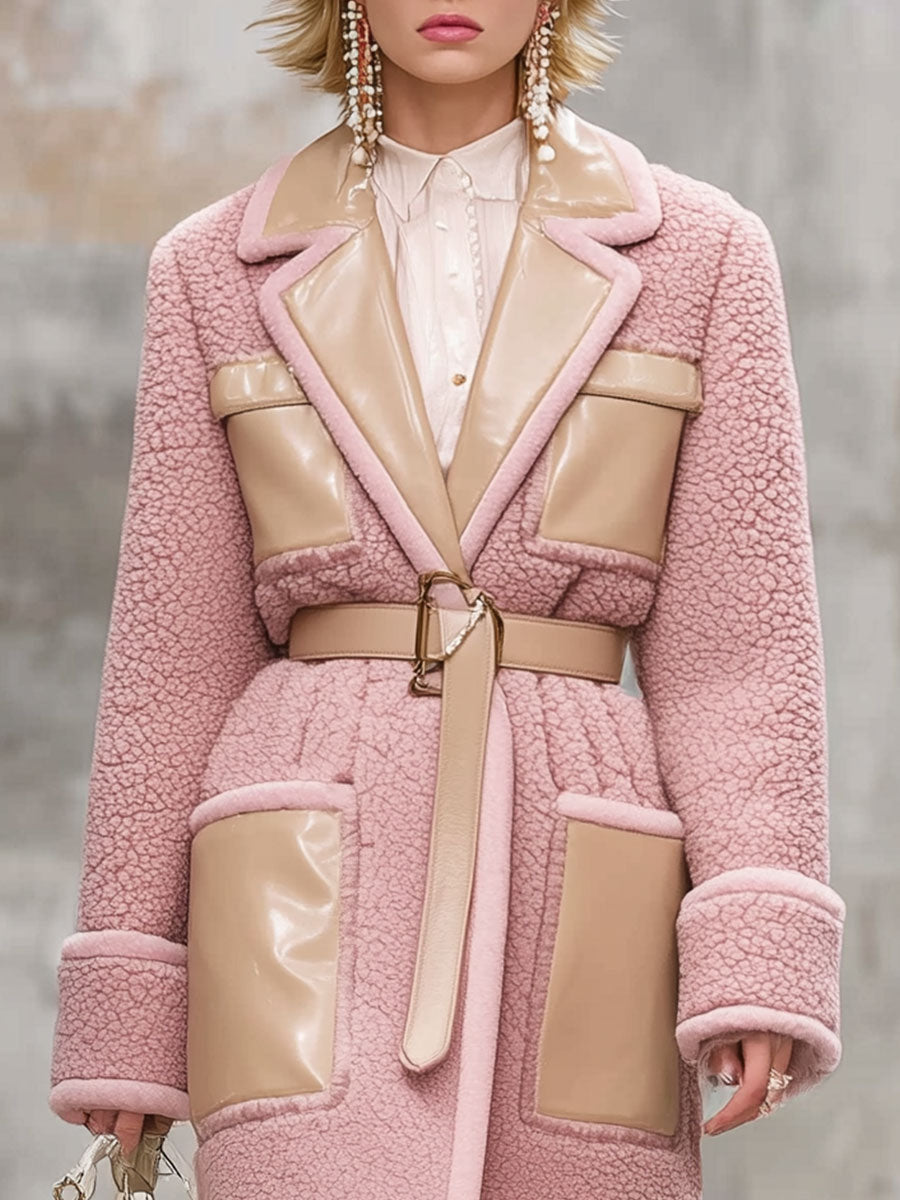 Veste mi-longue en polaire rose vintage avec revers en simili cuir