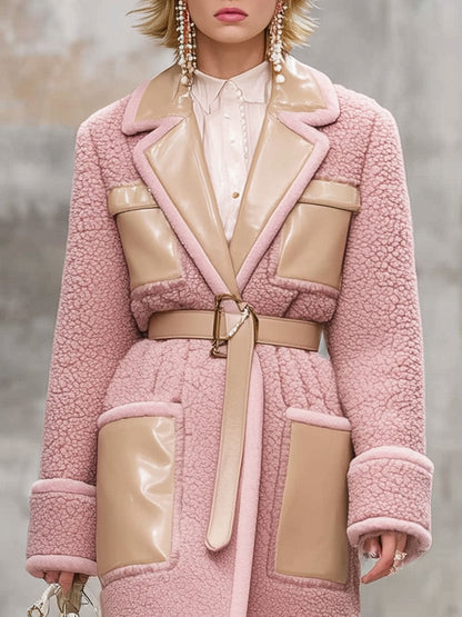 Veste mi-longue en polaire rose vintage avec revers en simili cuir