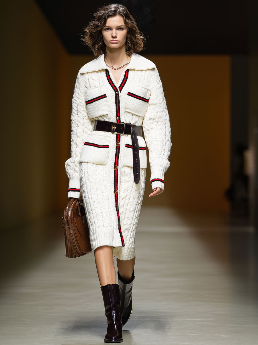 Trench en Tricot à Col Oversize avec Poches Multiples et Ceinture