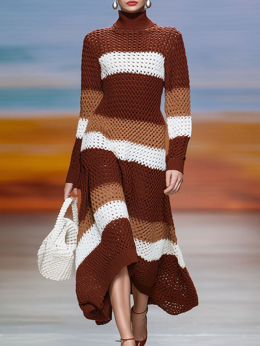 Robe Midi Tricotée Rétro à Rayures - Col Montant et Manches Longues