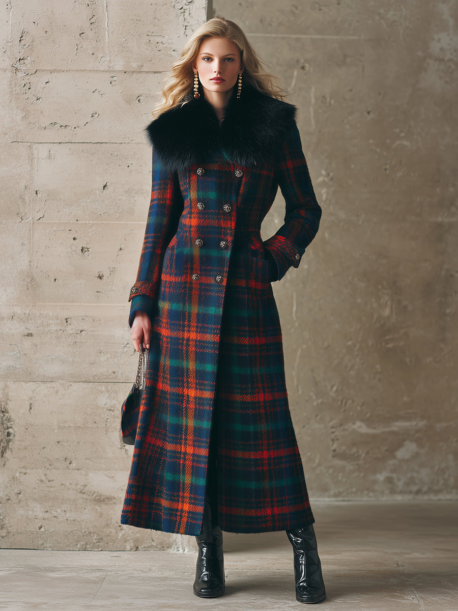 Veste Longue en Laine à Motifs Carreaux avec Col en Fourrure Synthétique – Chic Rétro et Tendance