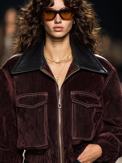 Veste zippée en simili cuir avec col carré et poches en velours côtelé