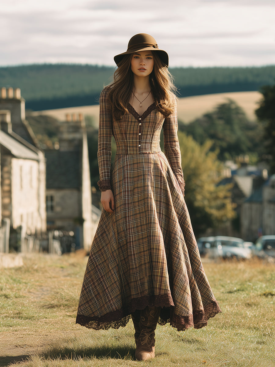 Robe Maxi V-Neck en Dentelle à Motif Carreaux - Teinte Marron Époustouflante