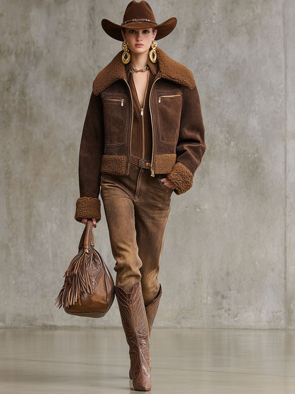 Veste Sherpa en Suède Synthétique avec Fermeture Éclair et Col Western