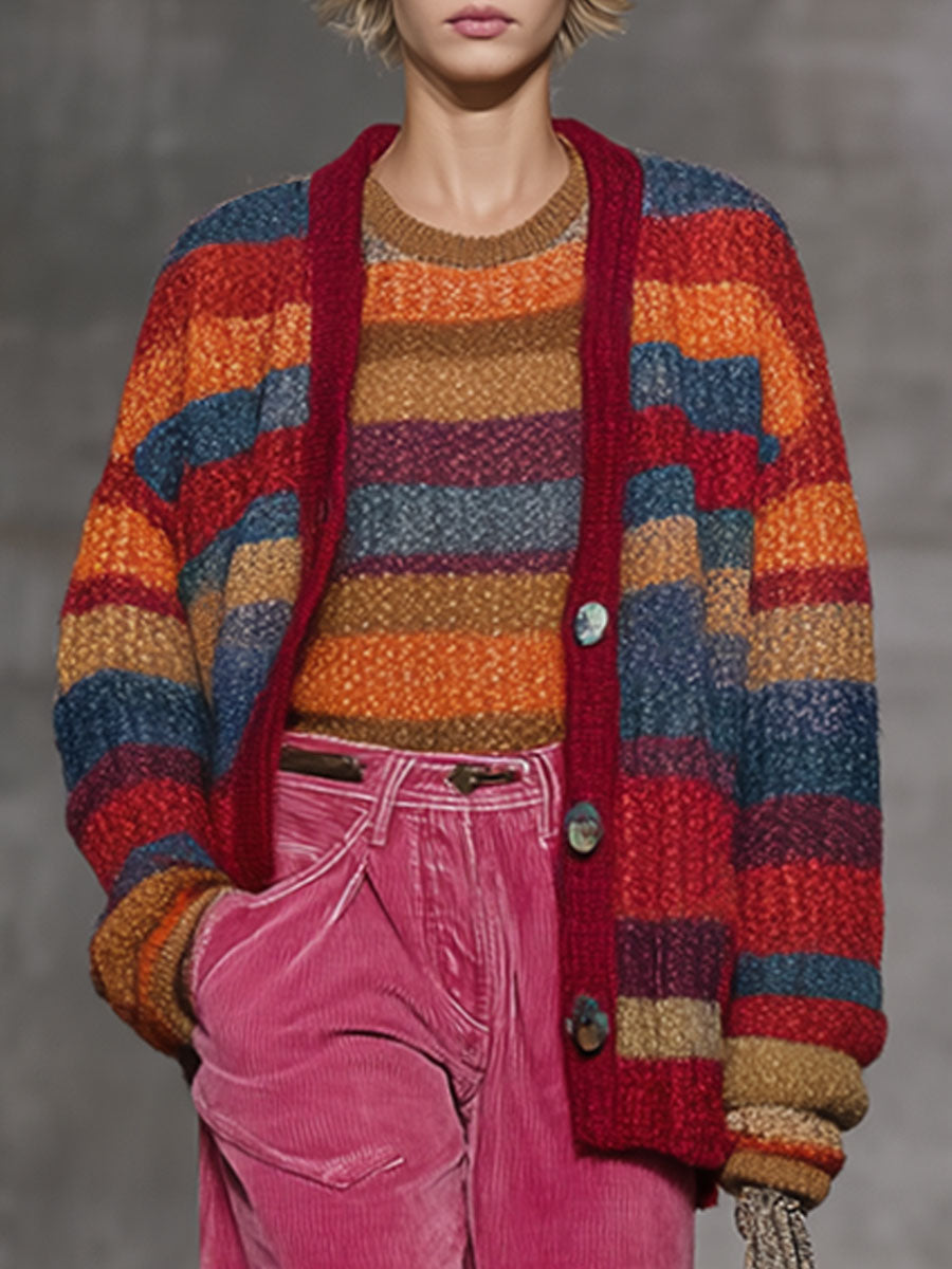Cardigan Rayé Rétro à Boutons - Style Arc-en-Ciel