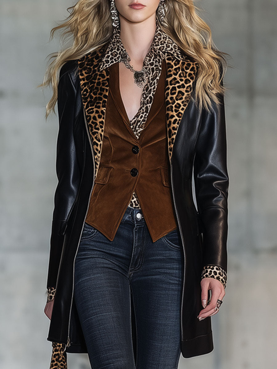 Veste Zippée Noire en PU avec Col en Velours Léopard Vintage