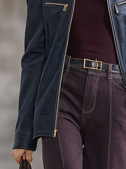 Veste en simili cuir vintage bleu marine à zip