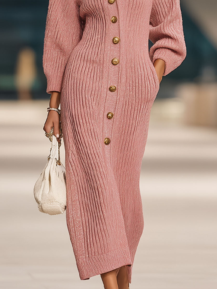 Robe Midi Tricotée Chic avec Poches Doubles et Boutons Élégants au Col