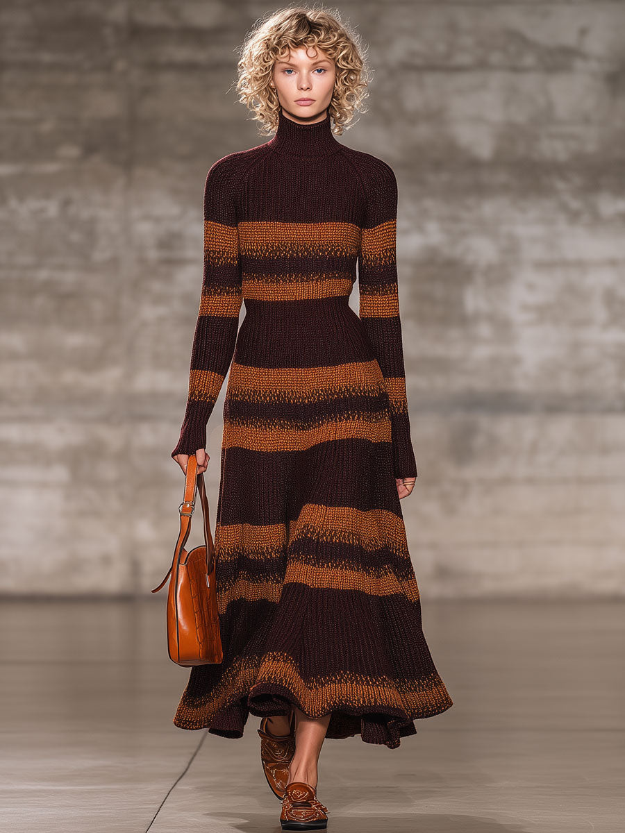 Robe Maxi Rétro à Rayures Caramel et Brun Cacao avec Col Haut