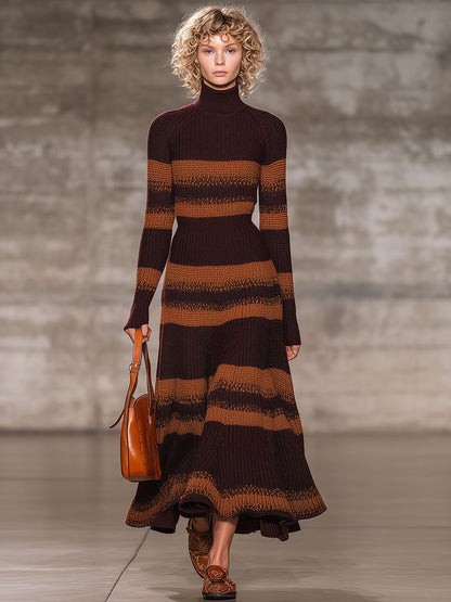 Robe Maxi Rétro à Rayures Caramel et Brun Cacao avec Col Haut
