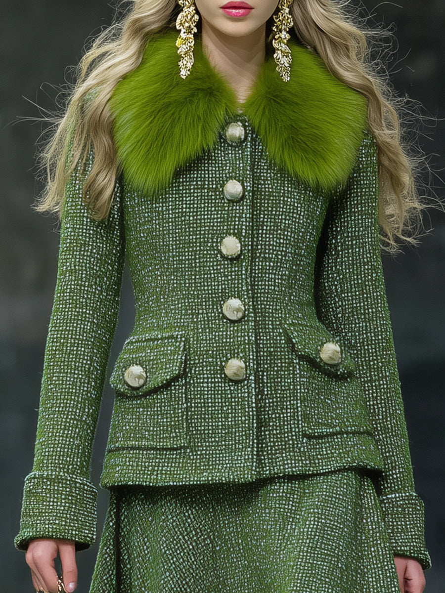 Ensemble Chic en Tweed avec Veste et Jupe, Orné d'un Col en Fourrure Synthétique Rétro