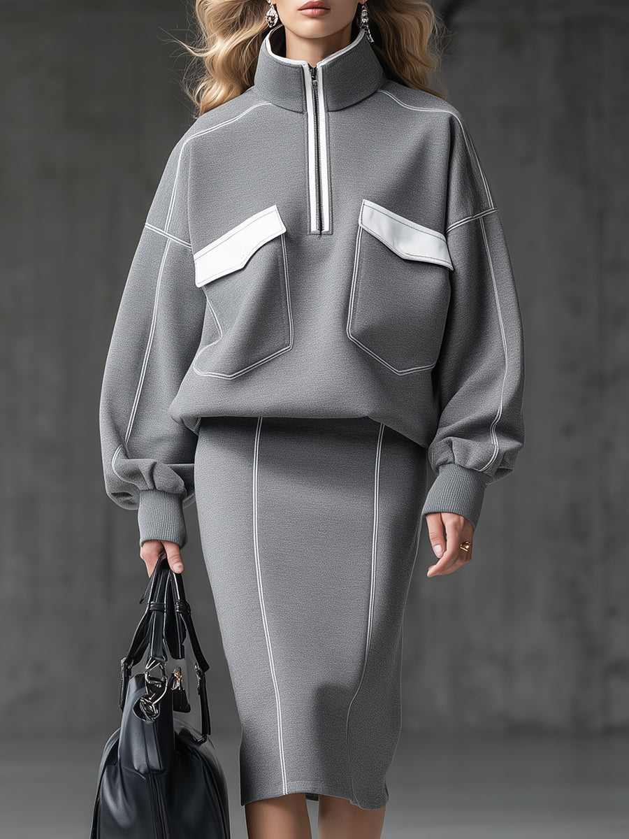 Ensemble Sportif Premium en Blanc et Gris avec Sweat-shirt Zippé à Col Demi-Large