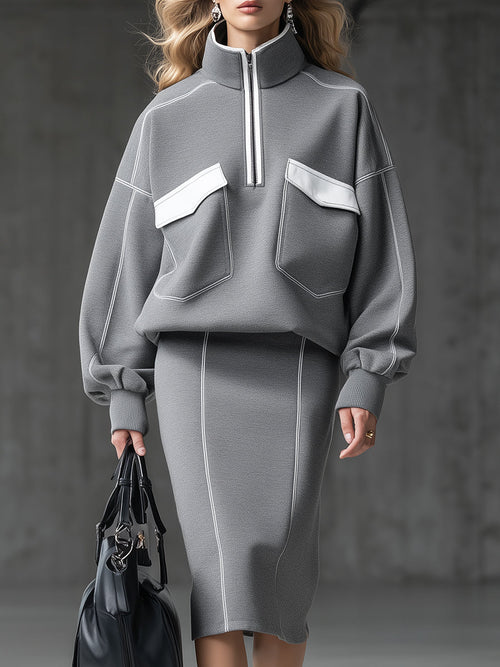 Ensemble Sportif Premium en Blanc et Gris avec Sweat-shirt Zippé à Col Demi-Large