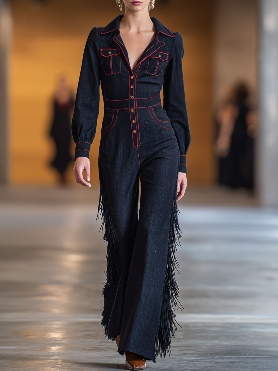 Combinaison en denim bleu marine à manches longues et évasées, ornée de surpiqûres rouges vintage