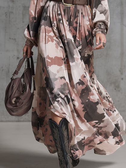 Robe Maxi en Velours Camouflage Rose - Élégance Western Rétro