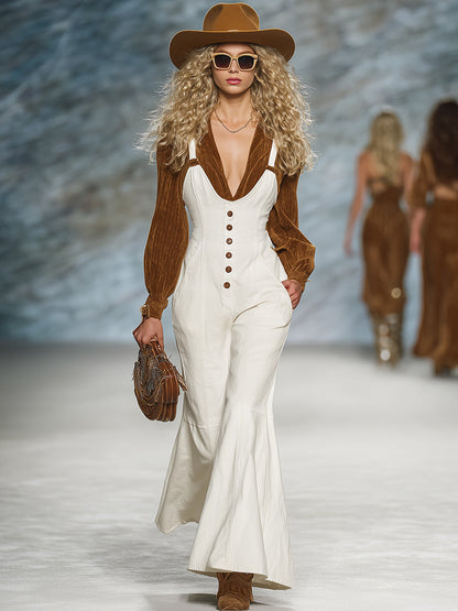 Salopette Blanche avec Éléments de Boutons Vintage Style Western