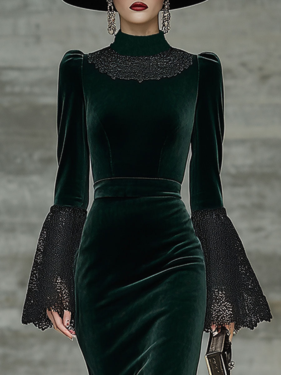 Robe Midi Vintage en Velours Vert avec Détails en Dentelle