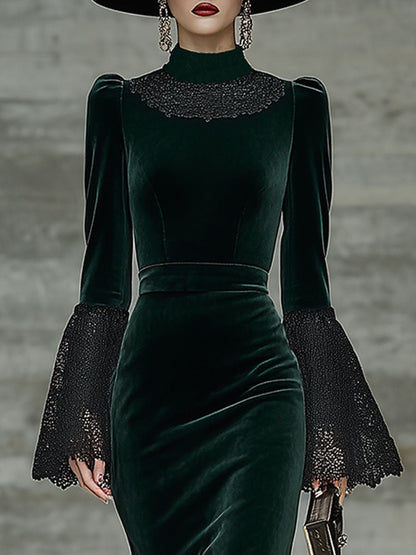 Robe Midi Vintage en Velours Vert avec Détails en Dentelle