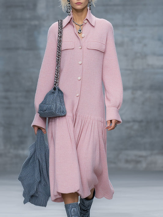 Robe Midi Plissée Rétro Rose en Tricot - Ample et Élégante à Manches Longues