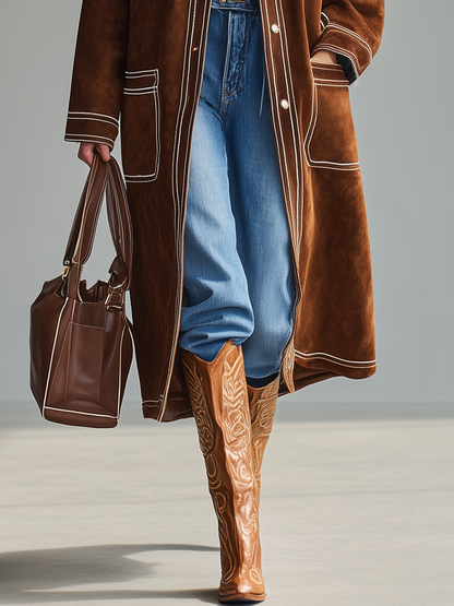Veste rétro western en faux suède à poches multiples